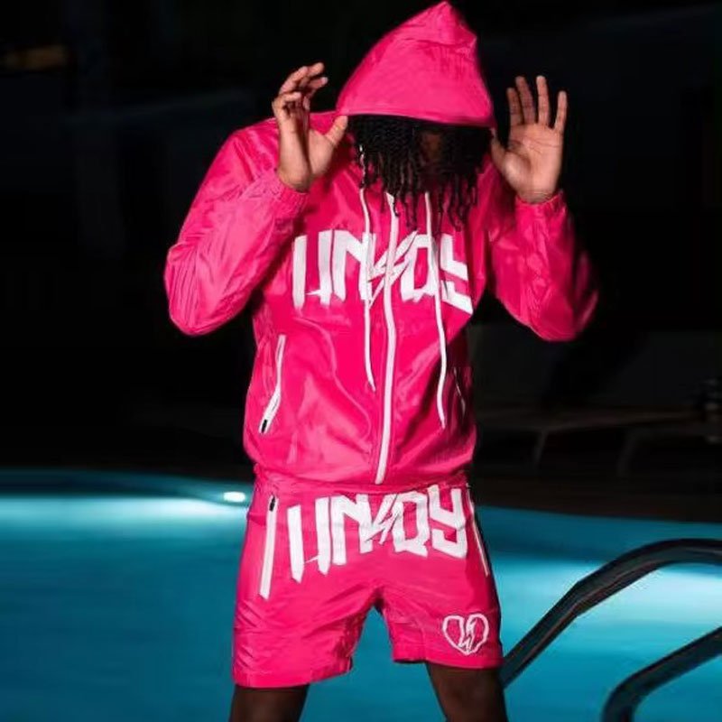 Manufacturer Custom Logo Men's Clothing Nylon Jacket Full Zipper Hood Jacket Soft Shell Sports Windbreaker Short Set
