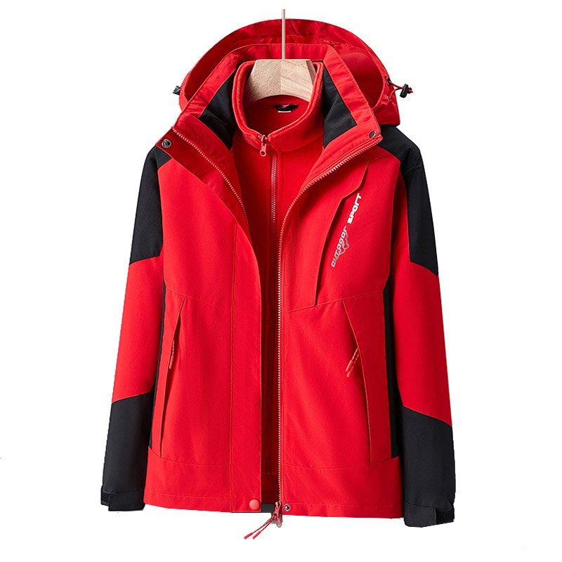 Leisure Waterproof Couple Mountaineering Hiking Hooded Jacket Polyester Windbreaker Mens Jackets Mens Outdoor 2 in 1 Coats Dyed