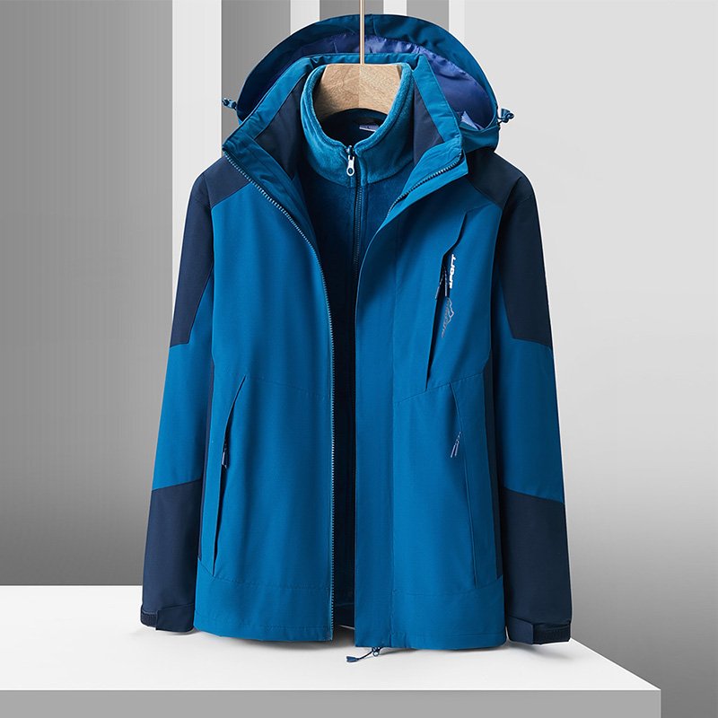 Leisure Waterproof Couple Mountaineering Hiking Hooded Jacket Polyester Windbreaker Mens Jackets Mens Outdoor 2 in 1 Coats Dyed