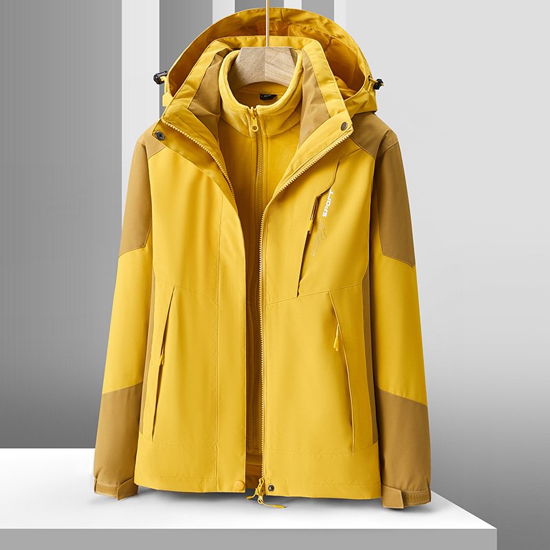 Leisure Waterproof Couple Mountaineering Hiking Hooded Jacket Polyester Windbreaker Mens Jackets Mens Outdoor 2 in 1 Coats Dyed