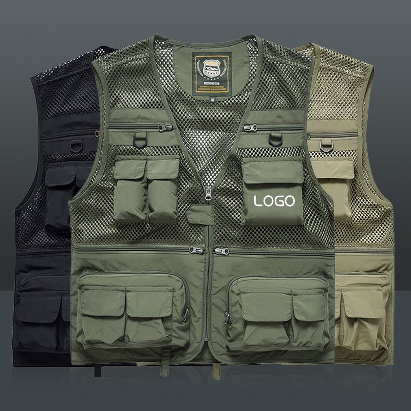 Custom Printed Logo Men's Utility Hiking Workwear Tool Unisex Multi Pockets Breathable Work Mesh Vest