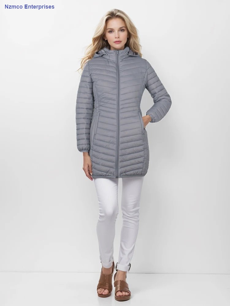 Women Outdoor Windproof Warm Puffer Coat With Detachable Hood Lightweight Smooth Long Outwear NOT Asian Size