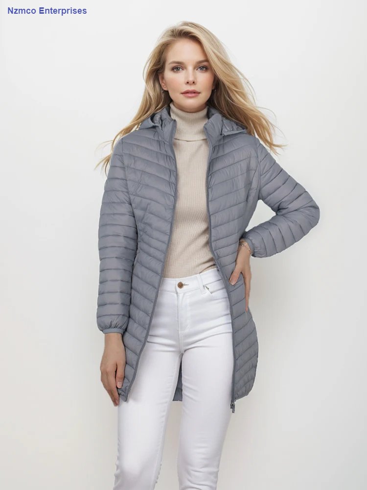 Women Outdoor Windproof Warm Puffer Coat With Detachable Hood Lightweight Smooth Long Outwear NOT Asian Size