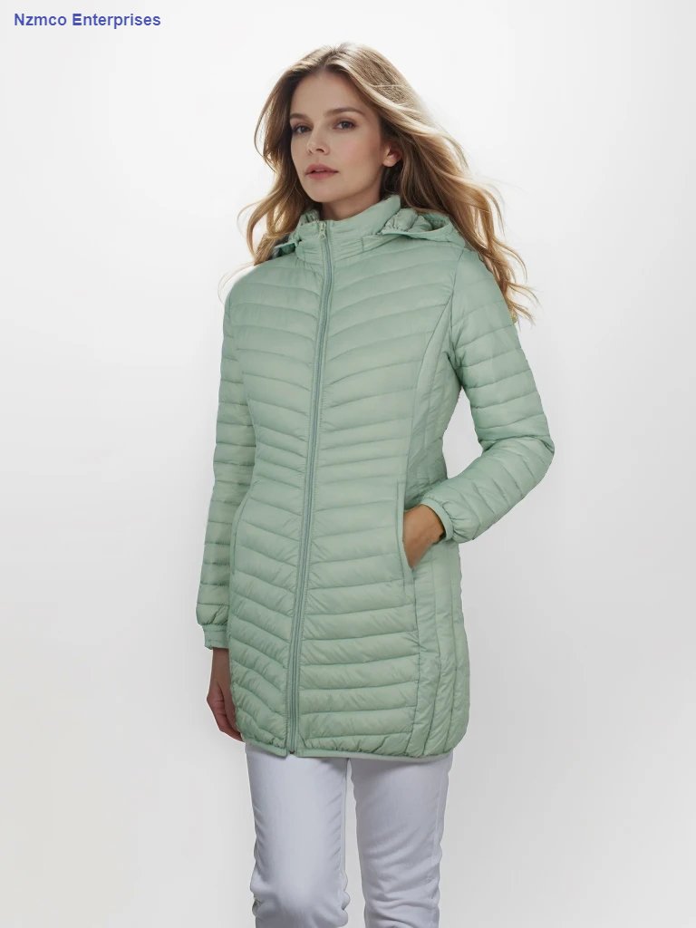 Women Outdoor Windproof Warm Puffer Coat With Detachable Hood Lightweight Smooth Long Outwear NOT Asian Size