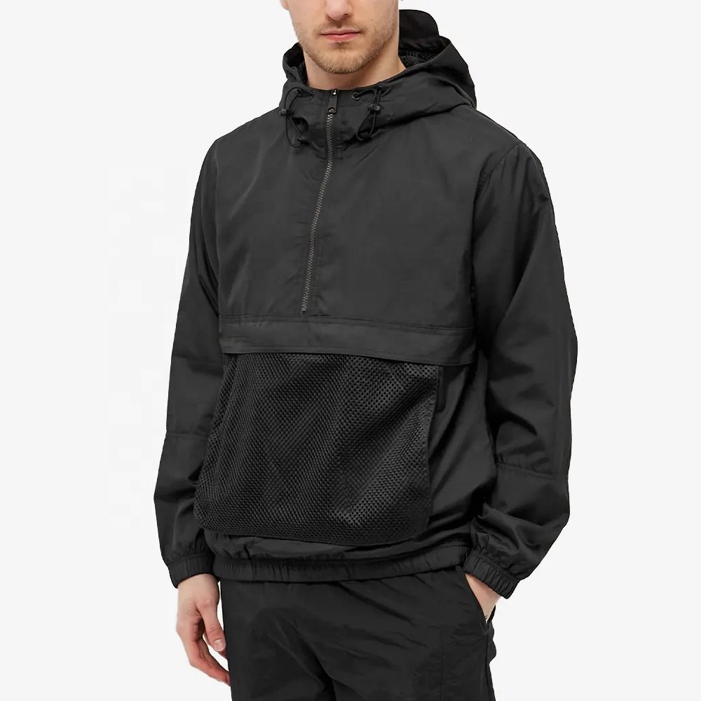 100% Polyester Shell Anorak Jacket Drawstring Hood Half Zip Windbreaker Jacket For Men