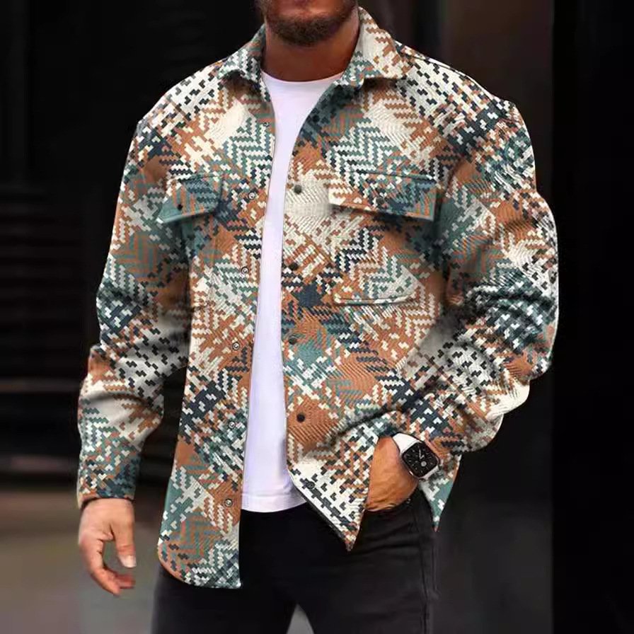 2024 fall new men's long-sleeved shirt loose casual wear shirt jacket washed plaid jacket tops