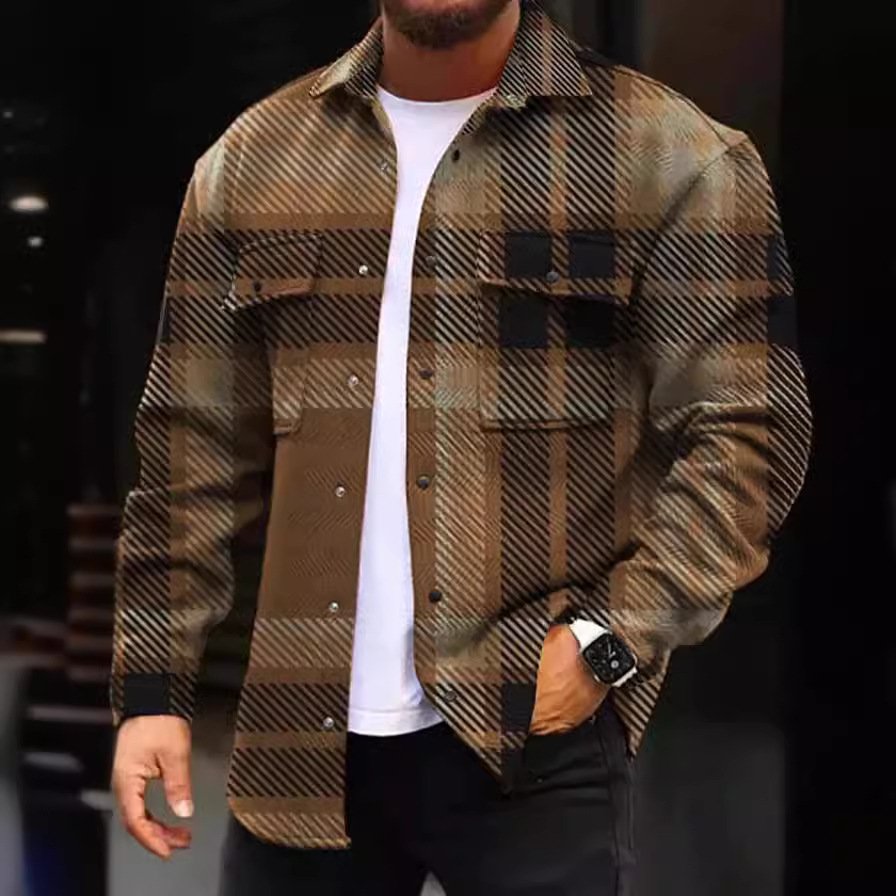 2024 fall new men's long-sleeved shirt loose casual wear shirt jacket washed plaid jacket tops