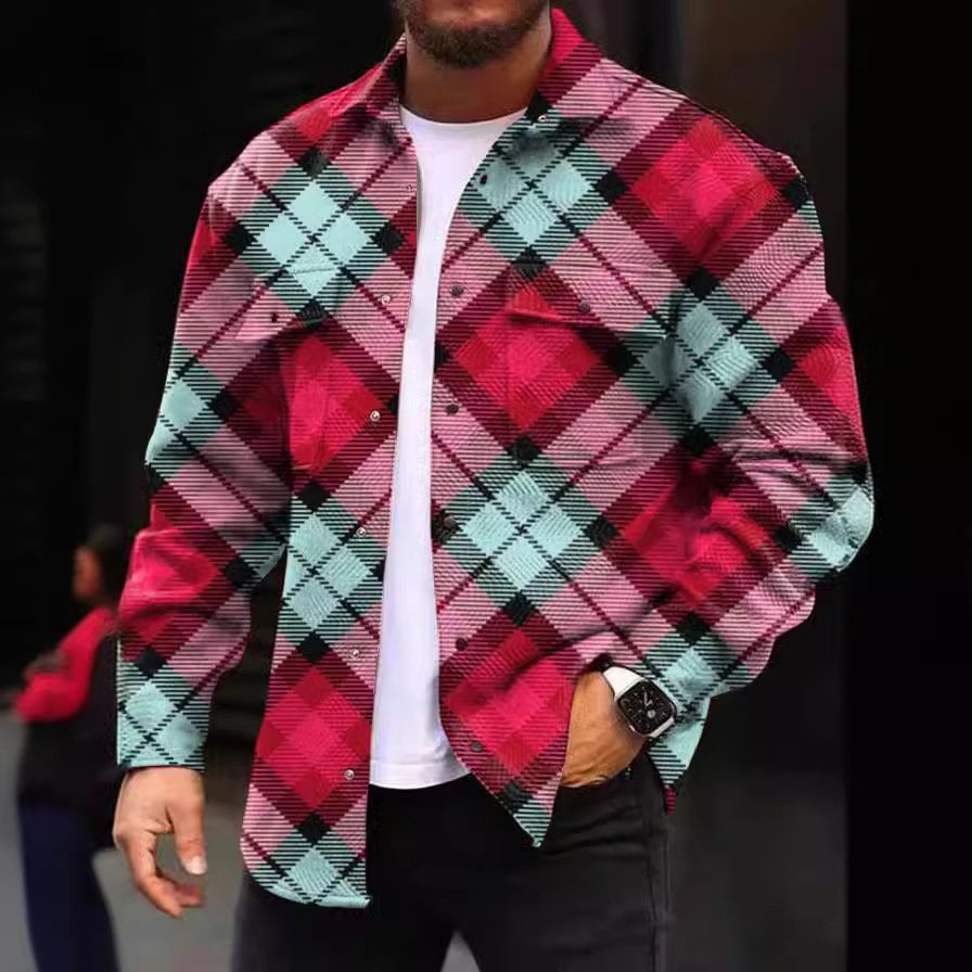 2024 fall new men's long-sleeved shirt loose casual wear shirt jacket washed plaid jacket tops