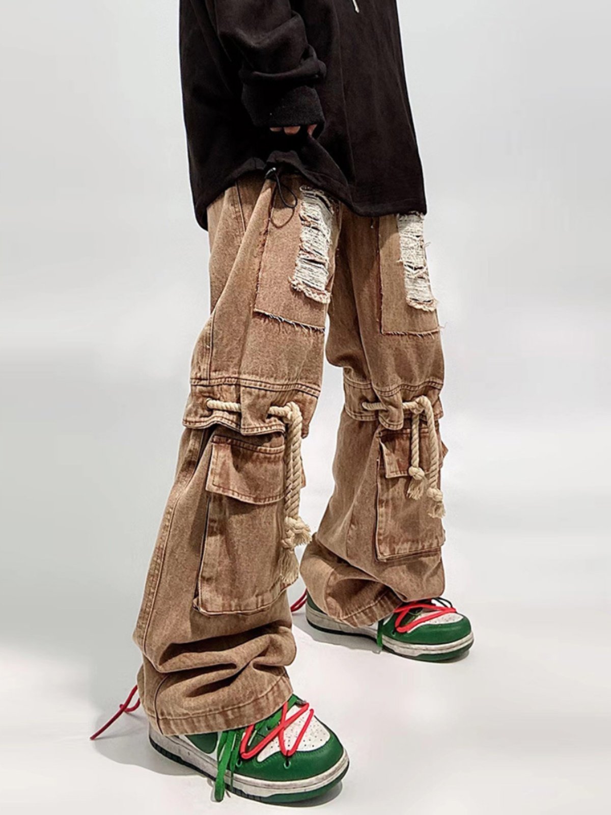High Street Men's Vintage Baggy Straight Leg Wide Pants Hip Hop Style with Tooling Design