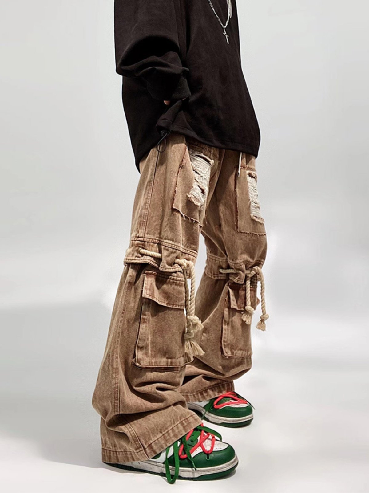 High Street Men's Vintage Baggy Straight Leg Wide Pants Hip Hop Style with Tooling Design