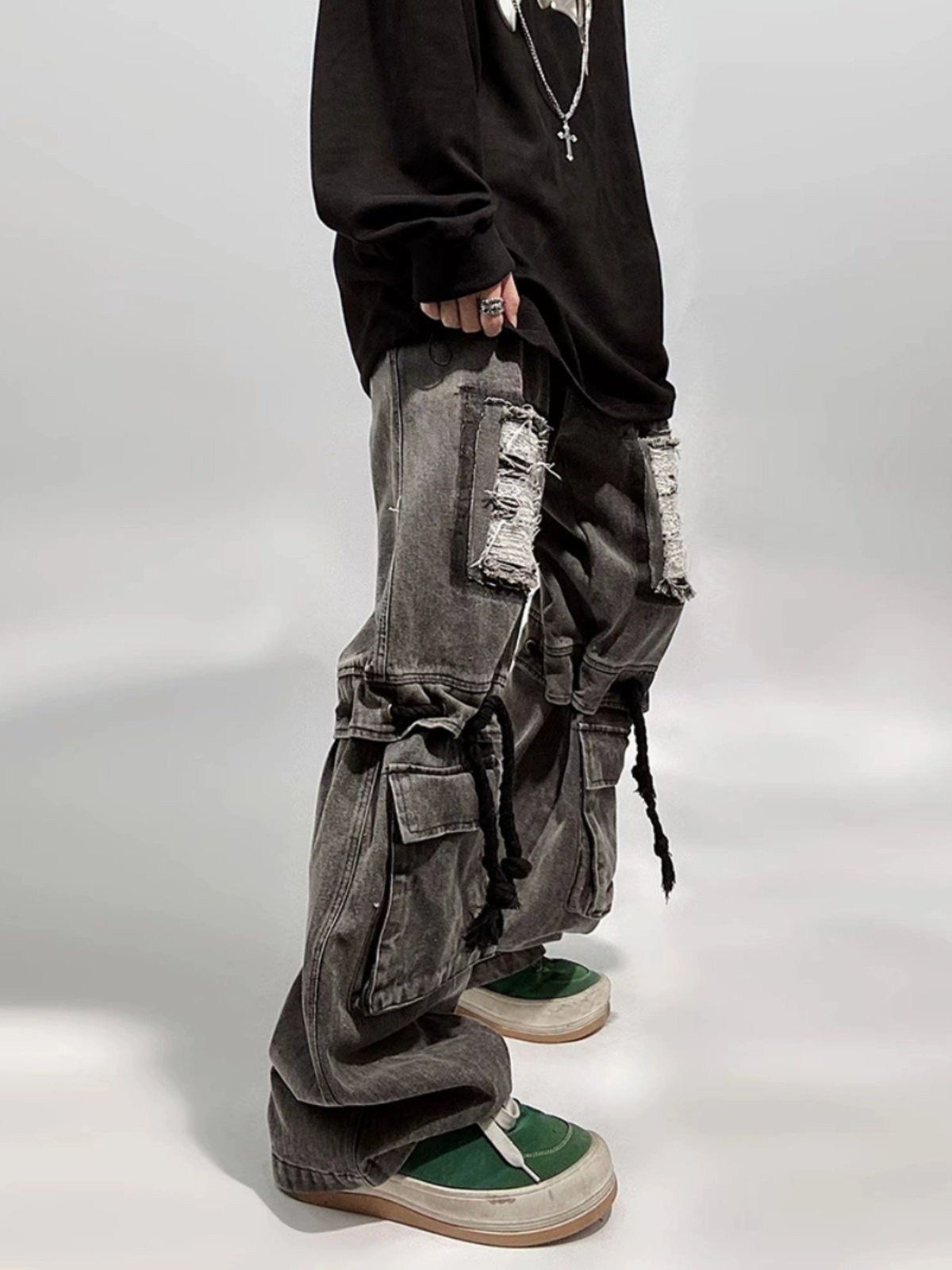 High Street Men's Vintage Baggy Straight Leg Wide Pants Hip Hop Style with Tooling Design