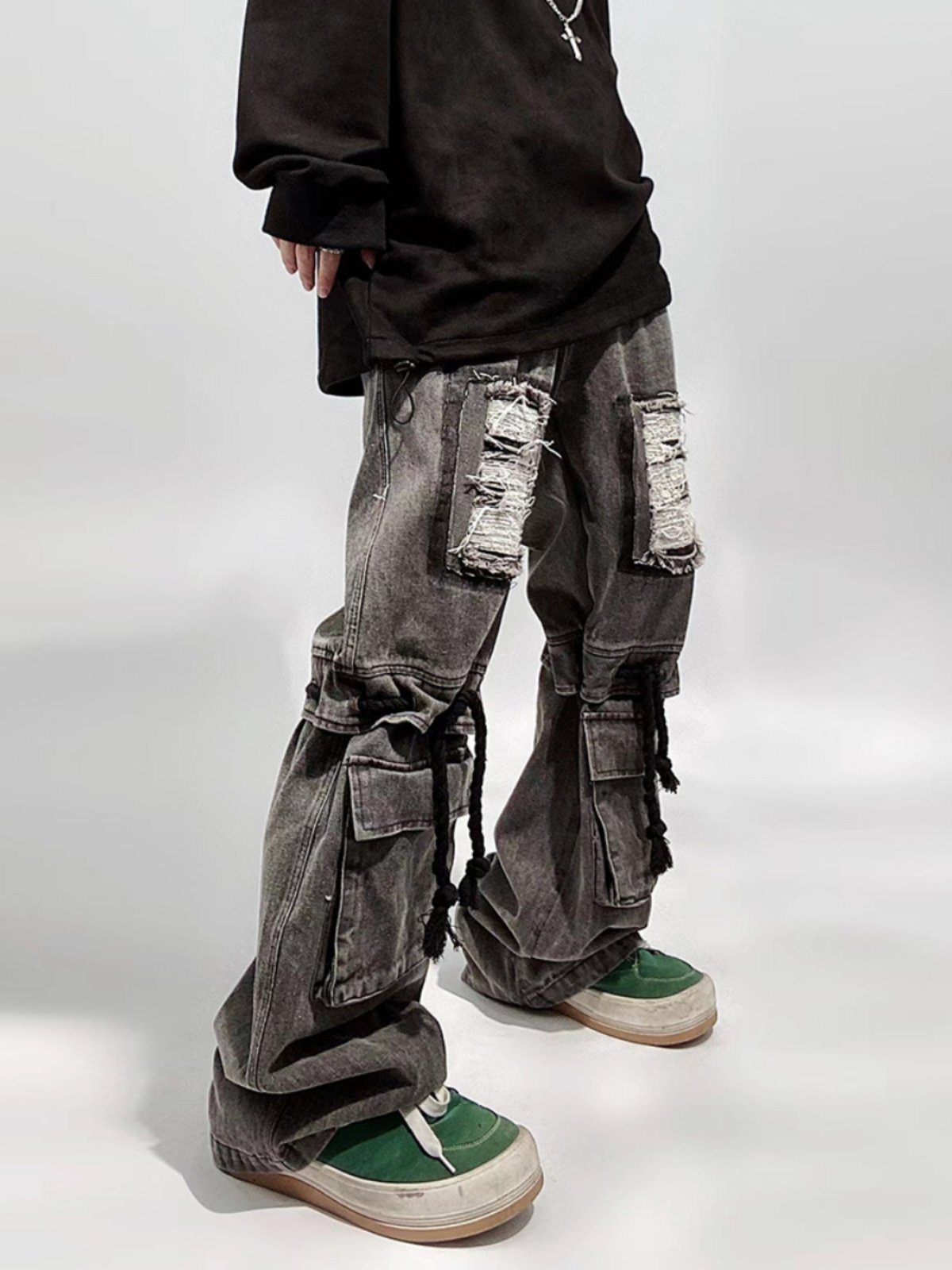 High Street Men's Vintage Baggy Straight Leg Wide Pants Hip Hop Style with Tooling Design