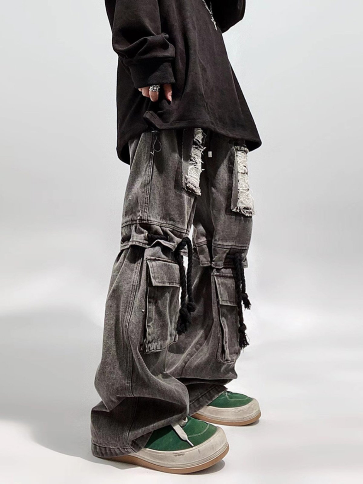 High Street Men's Vintage Baggy Straight Leg Wide Pants Hip Hop Style with Tooling Design
