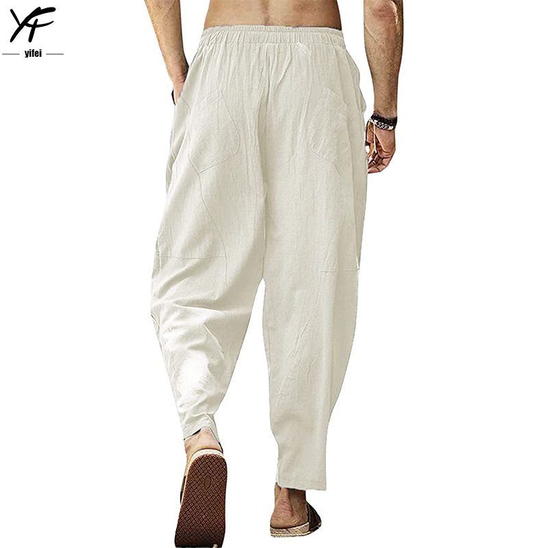 Custom Men's linen trousers balloon loose plain color Ultra comfy men casual pants cotton linen breathable summer pants for men