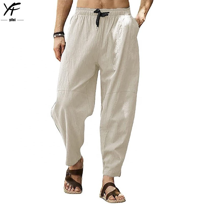 Custom Men's linen trousers balloon loose plain color Ultra comfy men casual pants cotton linen breathable summer pants for men