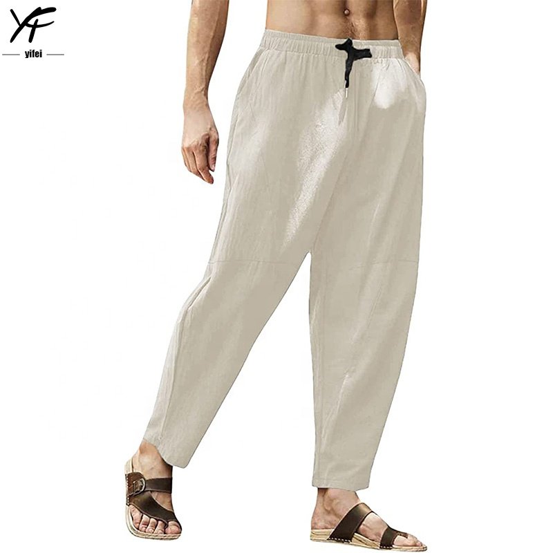 Custom Men's linen trousers balloon loose plain color Ultra comfy men casual pants cotton linen breathable summer pants for men