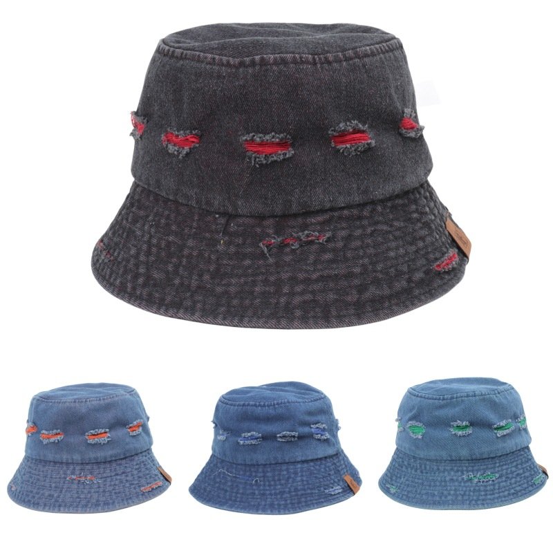 Cowboy hole matching color fisherman hat female Korean version of spring and summer wash color leather label basin hat sun visor