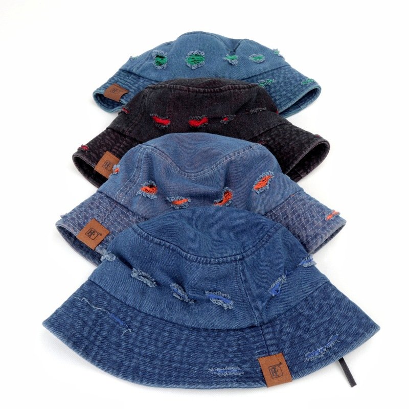 Cowboy hole matching color fisherman hat female Korean version of spring and summer wash color leather label basin hat sun visor