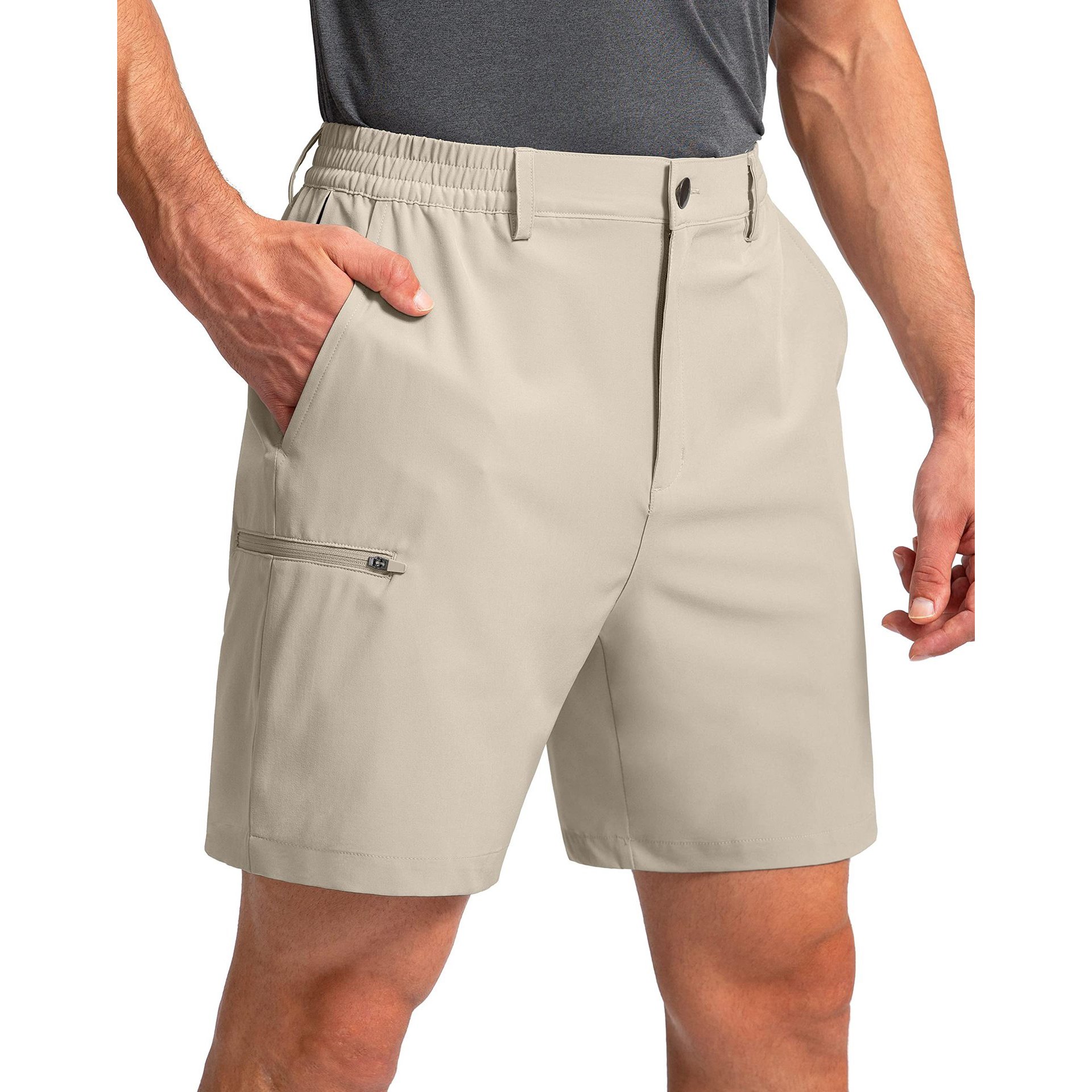 100% Polyester 6 pocket cargo shorts men half pants 5 inch elastic waist stretch hiking golf apparel shorts for men