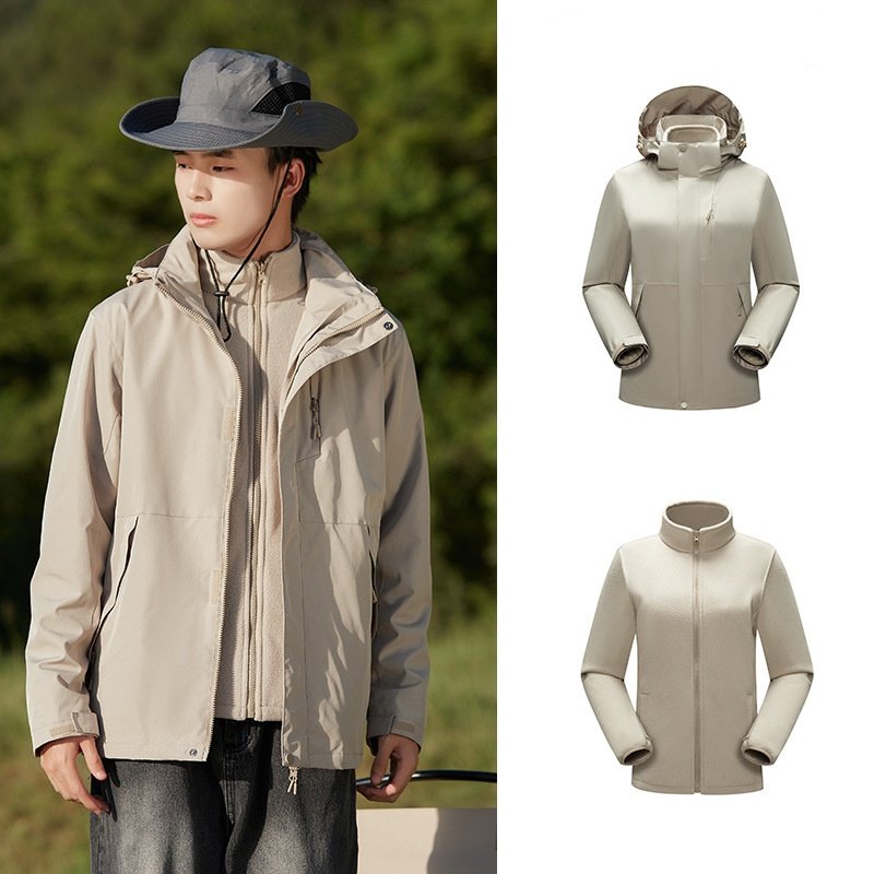 Unisex Three-in-One Winter Jacket Outdoor Hiking Windproof Waterproof Heating Feature Zipper Warm Letter Fabric Couple Style