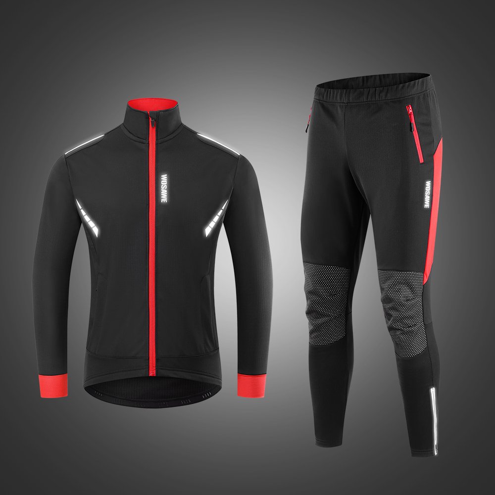 WOSAWE Mens Winter Cycling Suit Thermal Fleece Cycling Clothing Windproof Coat MTB Bike Pant and Jacket Sportswear Polyester