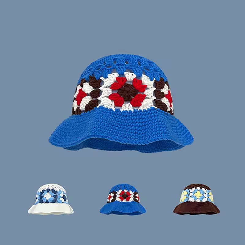 Wholesale Sweet Flower Crochet Hand Knit Bucket Hat Vintage Flower Cotton Hand Knitted Fisherman Hat
