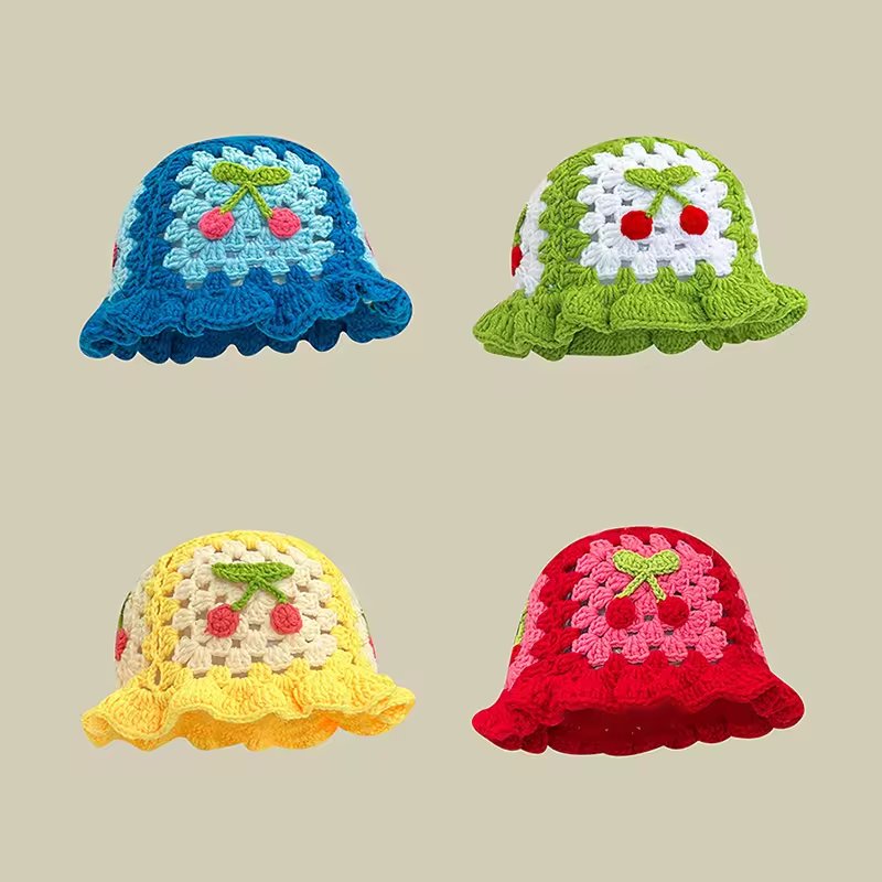 Wholesale Sweet Flower Crochet Hand Knit Bucket Hat Vintage Flower Cotton Hand Knitted Fisherman Hat