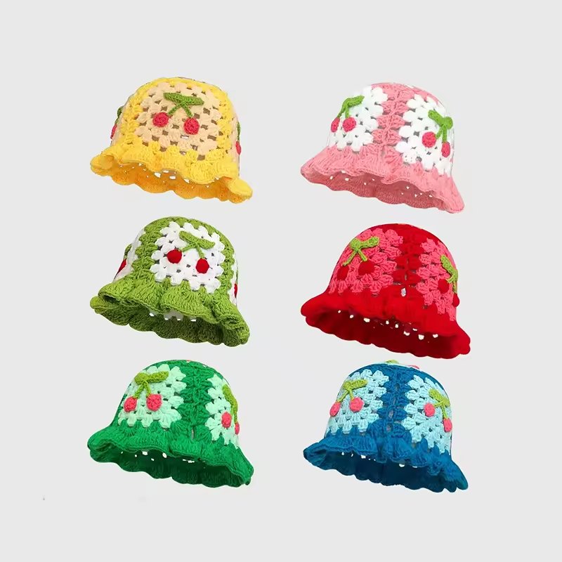 Wholesale Sweet Flower Crochet Hand Knit Bucket Hat Vintage Flower Cotton Hand Knitted Fisherman Hat