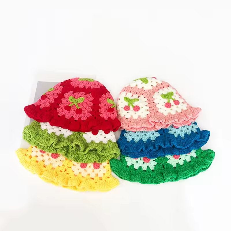 Wholesale Sweet Flower Crochet Hand Knit Bucket Hat Vintage Flower Cotton Hand Knitted Fisherman Hat