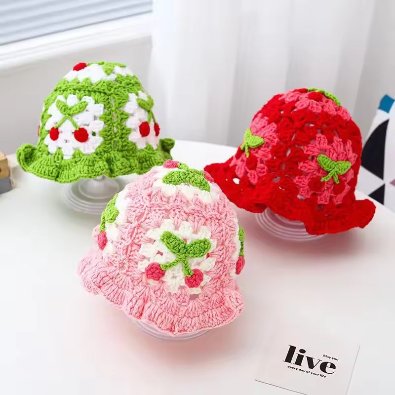 Wholesale Sweet Flower Crochet Hand Knit Bucket Hat Vintage Flower Cotton Hand Knitted Fisherman Hat