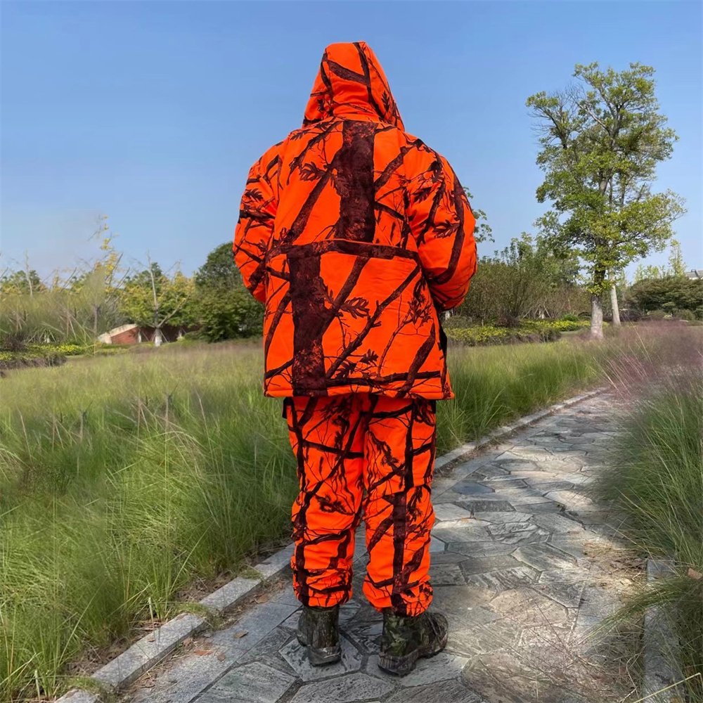 Men's Insulated Orange Camouflage Hunting Hiking Jacket and Pants Snow Bib Overalls Skiing Waterproof Cotton Hunting Suits