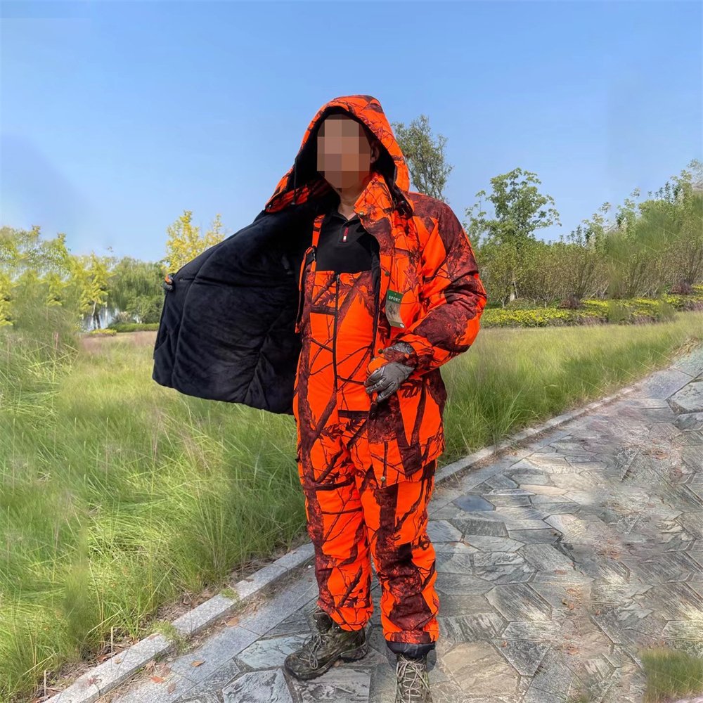 Men's Insulated Orange Camouflage Hunting Hiking Jacket and Pants Snow Bib Overalls Skiing Waterproof Cotton Hunting Suits