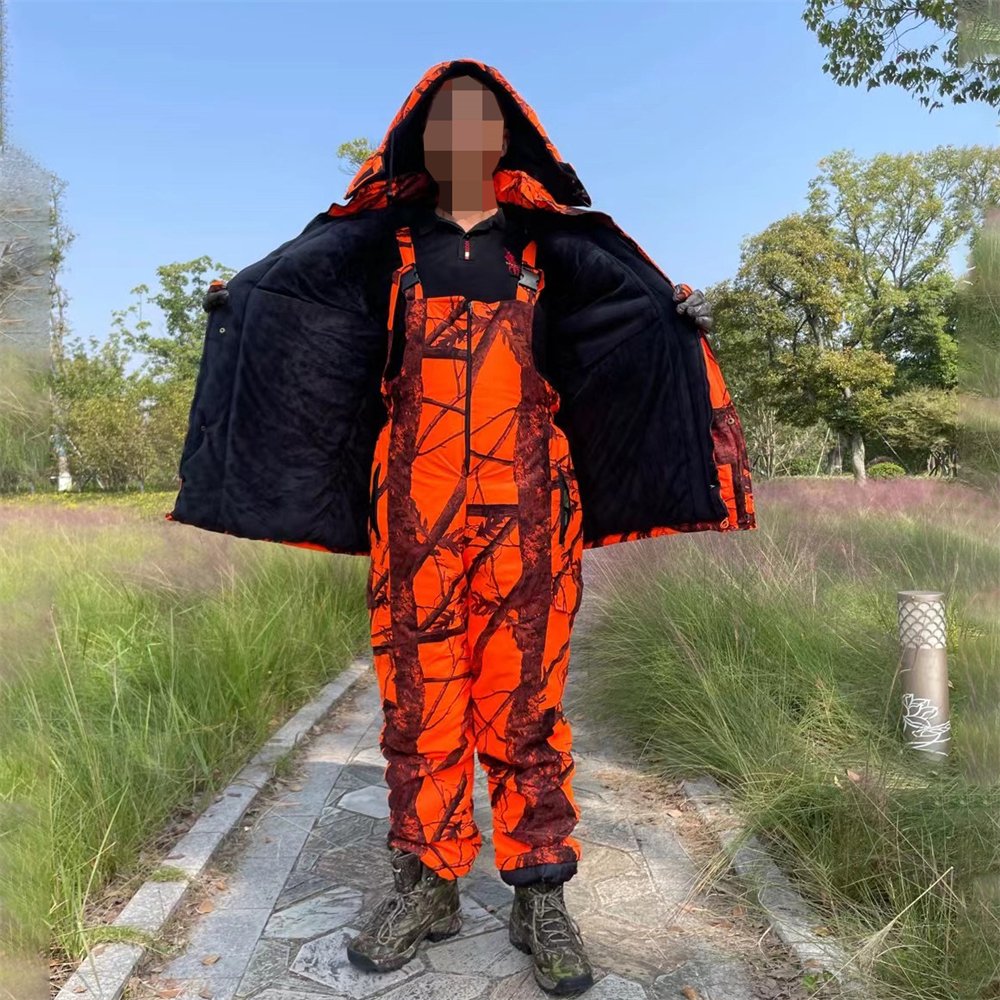 Men's Insulated Orange Camouflage Hunting Hiking Jacket and Pants Snow Bib Overalls Skiing Waterproof Cotton Hunting Suits
