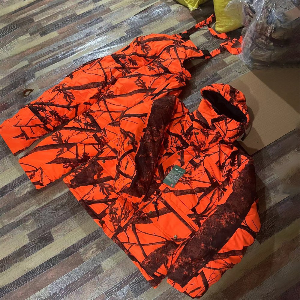 Men's Insulated Orange Camouflage Hunting Hiking Jacket and Pants Snow Bib Overalls Skiing Waterproof Cotton Hunting Suits