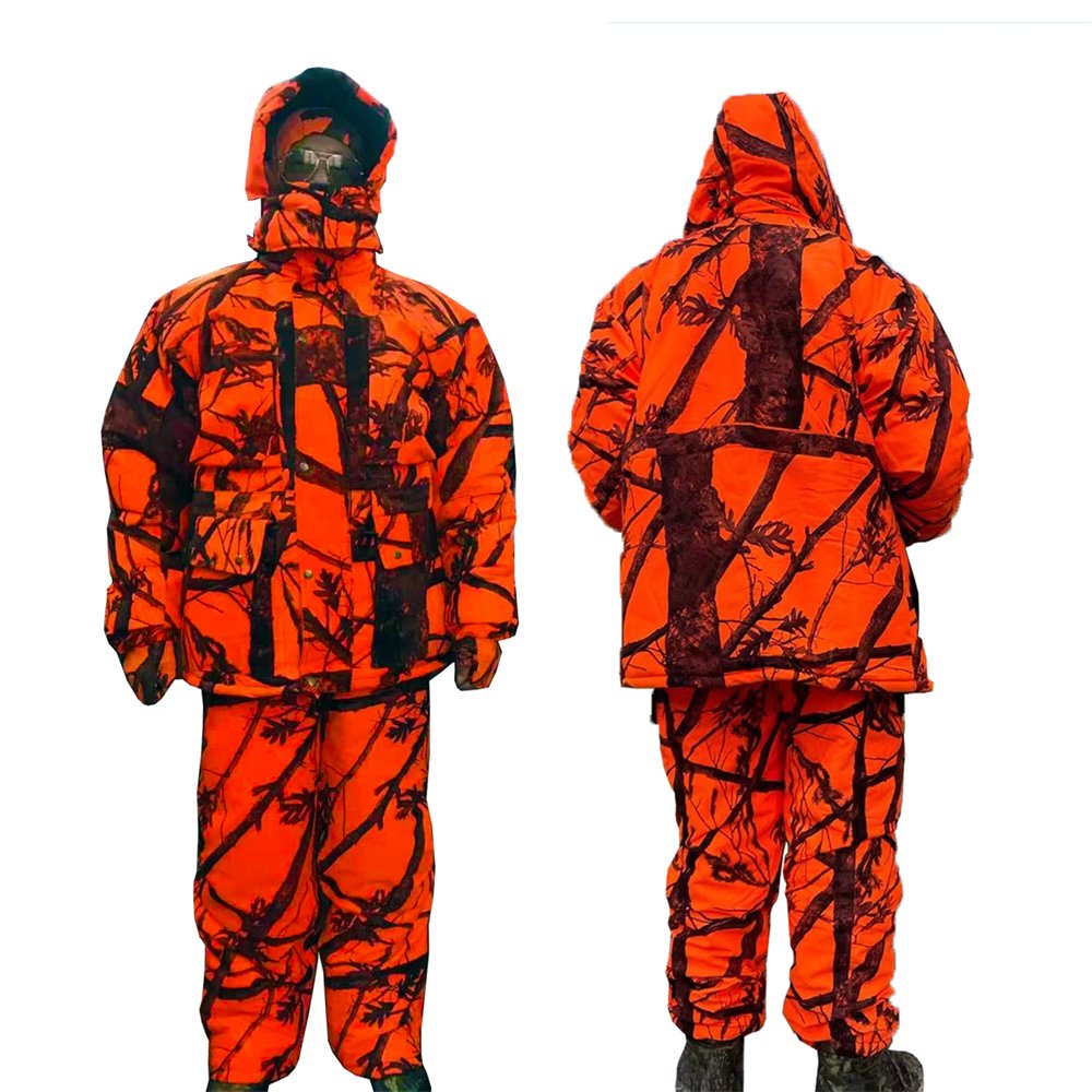 Men's Insulated Orange Camouflage Hunting Hiking Jacket and Pants Snow Bib Overalls Skiing Waterproof Cotton Hunting Suits