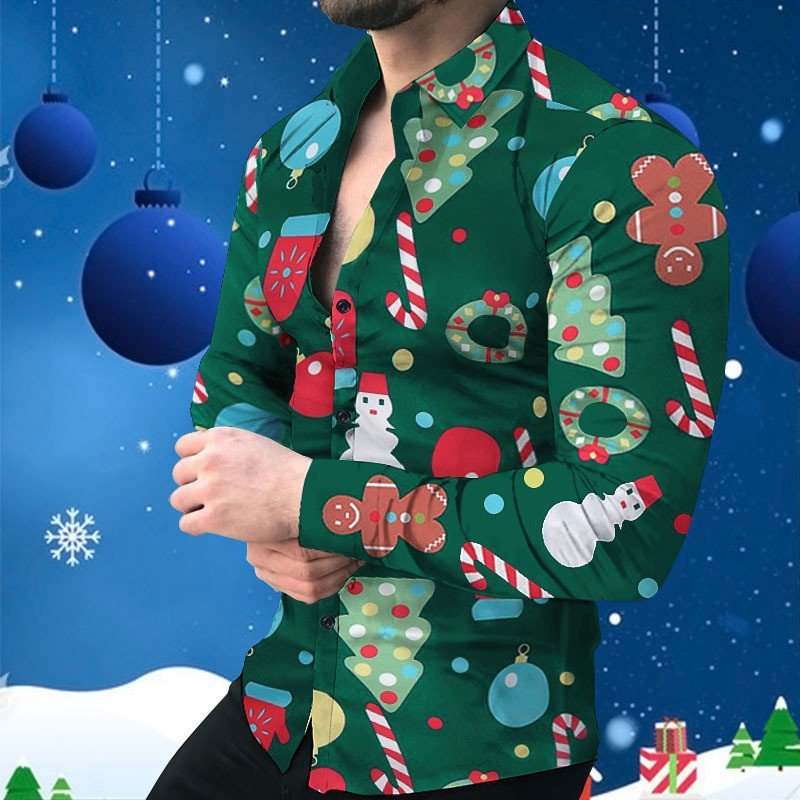 Men's European and American Christmas Printed Shirt Long Sleeve Casual Fashion All-match Top