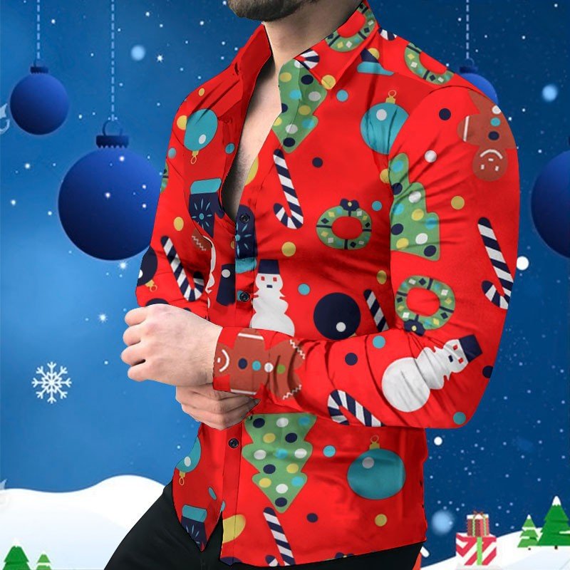 Men's European and American Christmas Printed Shirt Long Sleeve Casual Fashion All-match Top