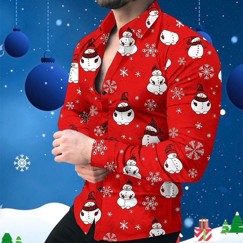 Men's European and American Christmas Printed Shirt Long Sleeve Casual Fashion All-match Top