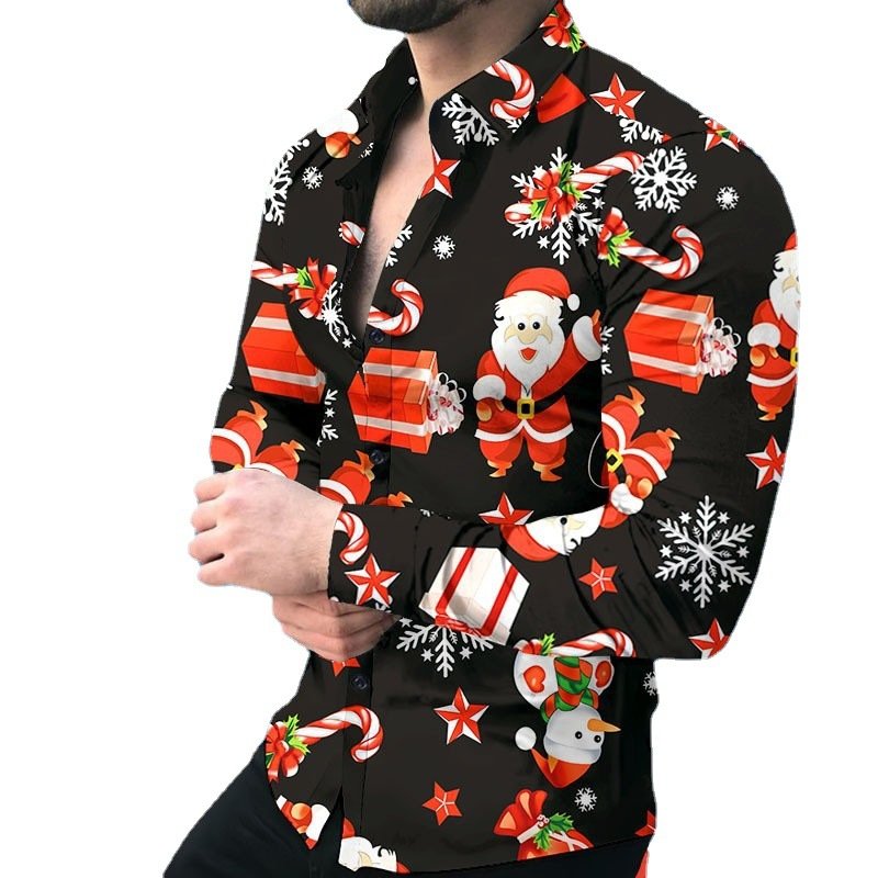 Men's European and American Christmas Printed Shirt Long Sleeve Casual Fashion All-match Top