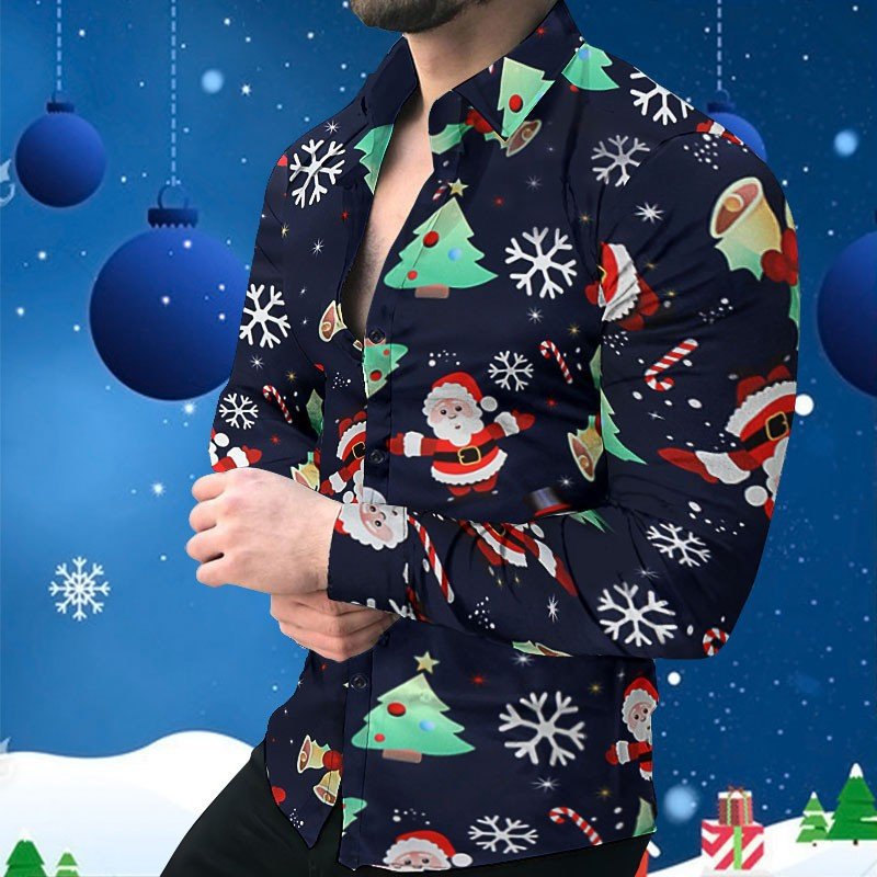 Men's European and American Christmas Printed Shirt Long Sleeve Casual Fashion All-match Top