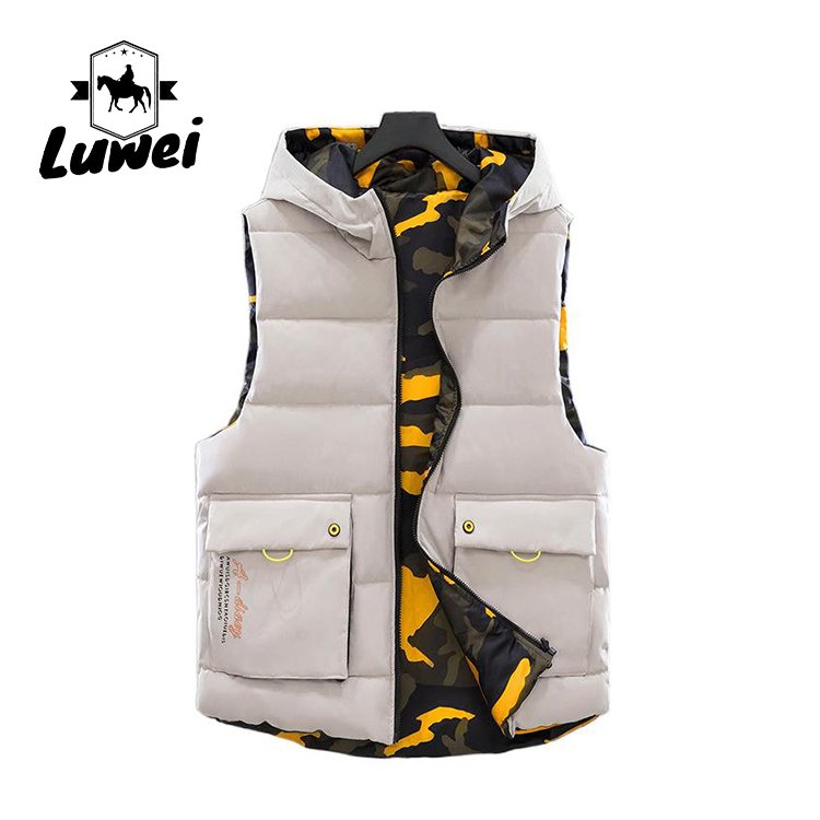 Top Clothing Utility Thick Full Zipper Up Gilet Waistcoat Men Reversible Hooded Cotton Padded Vest with Sleeveless
