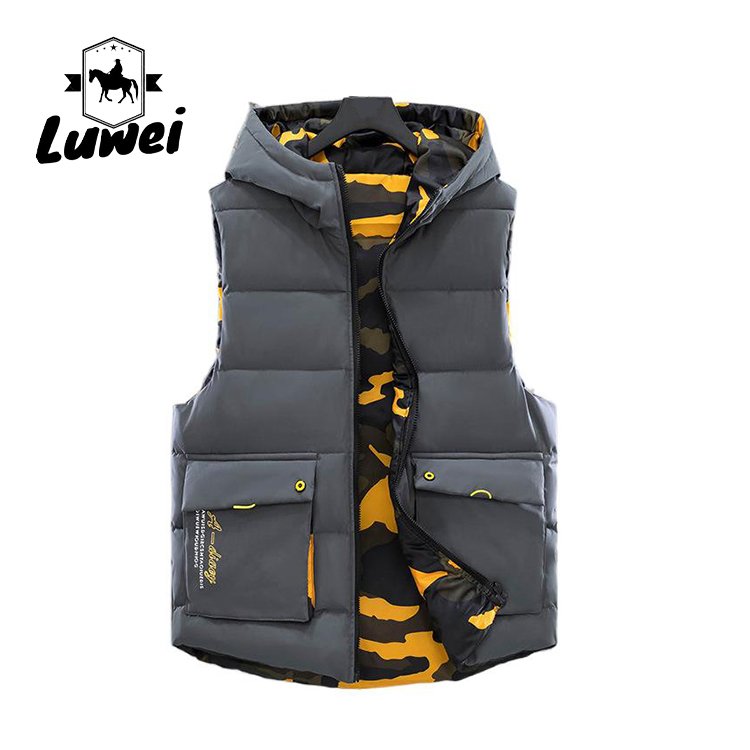 Top Clothing Utility Thick Full Zipper Up Gilet Waistcoat Men Reversible Hooded Cotton Padded Vest with Sleeveless