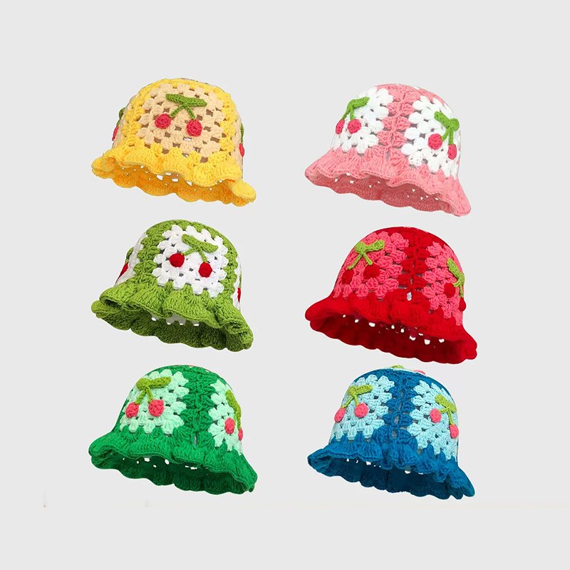 Wholesale Sweet Flower Crochet Hand Knit Bucket Hat Vintage Flower Cotton Hand Knitted Hollow Fisherman's Hat