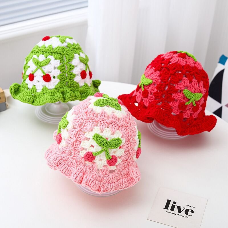 Wholesale Sweet Flower Crochet Hand Knit Bucket Hat Vintage Flower Cotton Hand Knitted Hollow Fisherman's Hat
