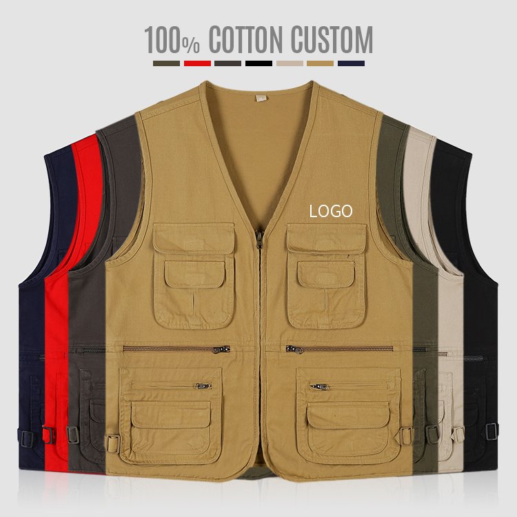 Highest quality custom 100% cotton men multi-pockets vest outdoor jackets fishing photography waistcoat