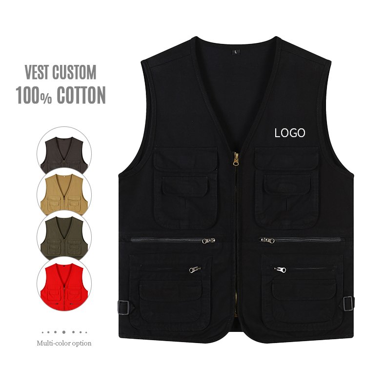 Highest quality custom 100% cotton men multi-pockets vest outdoor jackets fishing photography waistcoat