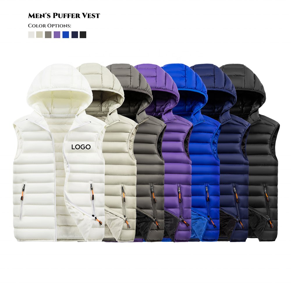 Custom Logo Lightweight Solid Color Vest Waterproof Zipper Coat Quilted Hooded Cotton Puffer Vest Jacket