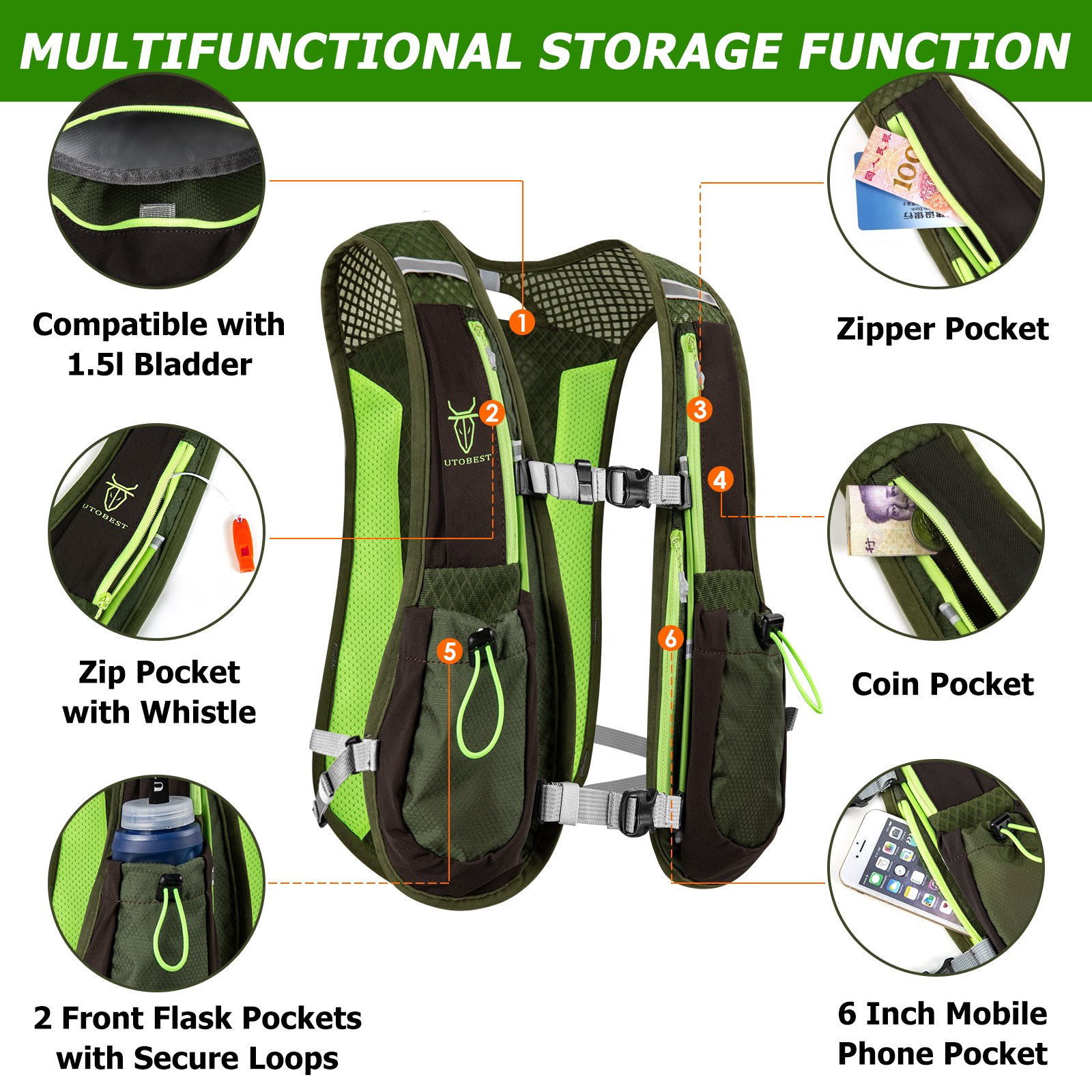 UTOBEST Customized 5L Lightweight Hiking Backpack Vest Bag With Hydration System For Men And Women
