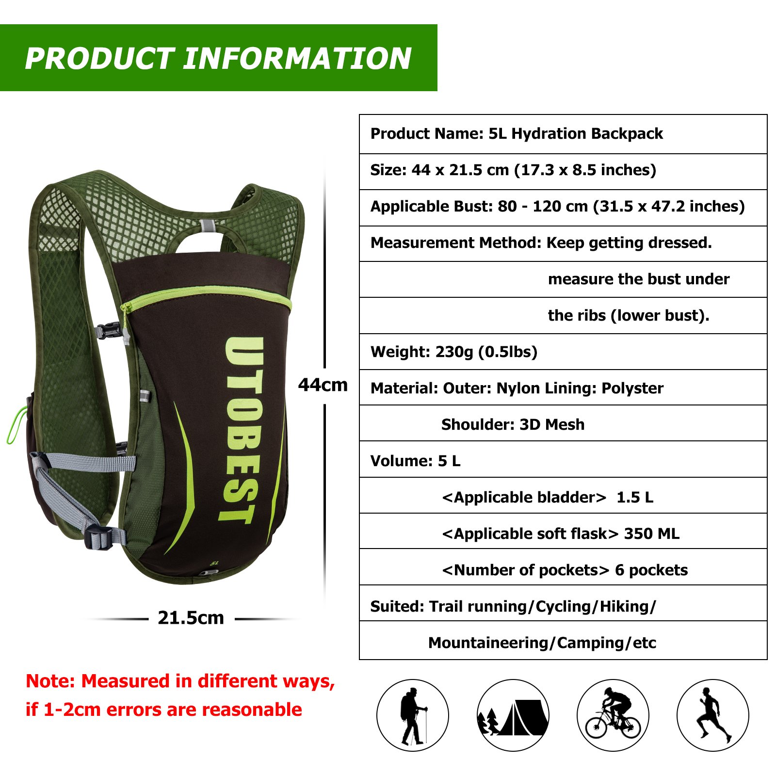 UTOBEST Customized 5L Lightweight Hiking Backpack Vest Bag With Hydration System For Men And Women