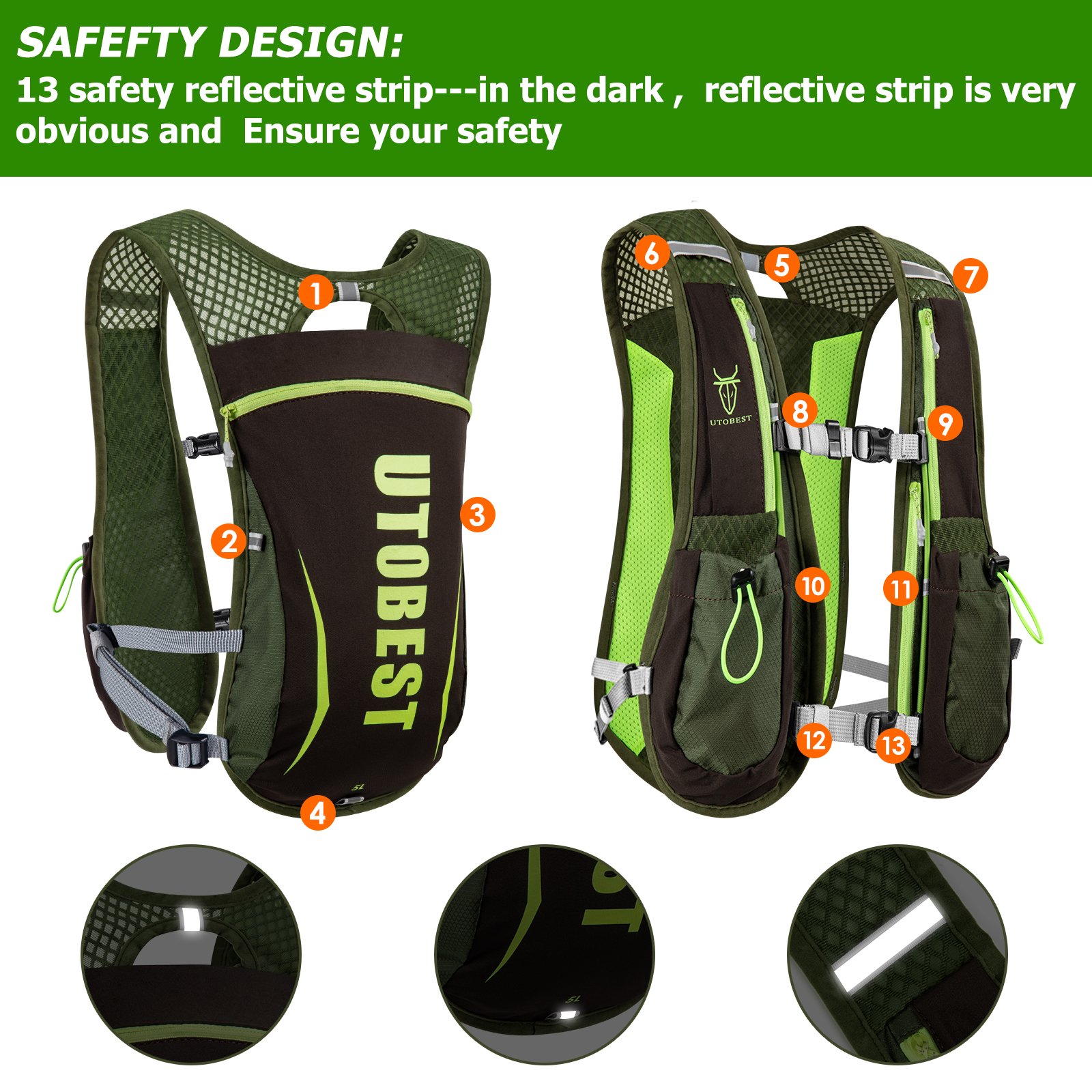 UTOBEST Customized 5L Lightweight Hiking Backpack Vest Bag With Hydration System For Men And Women